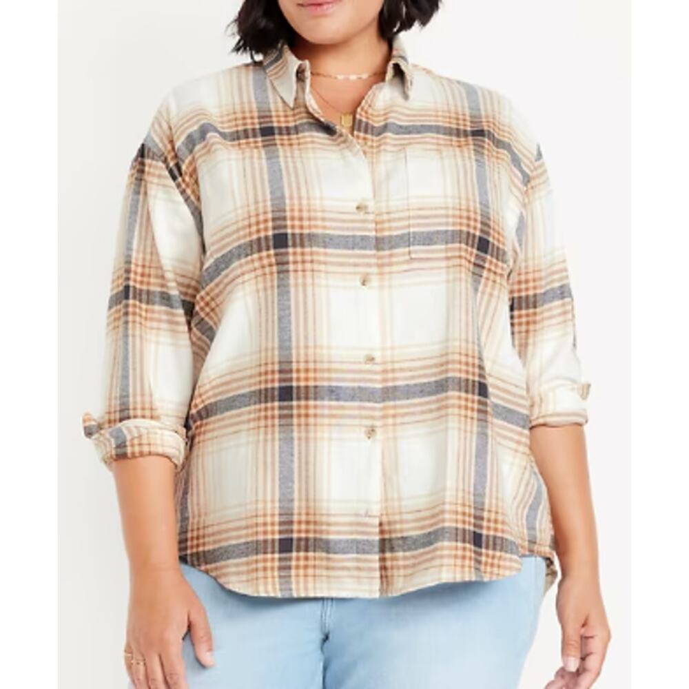 Old Navy Cream Plaid Flannel Boyfriend Button Down Shirt Top NEW XL Womens Warm - Picture 9 of 9